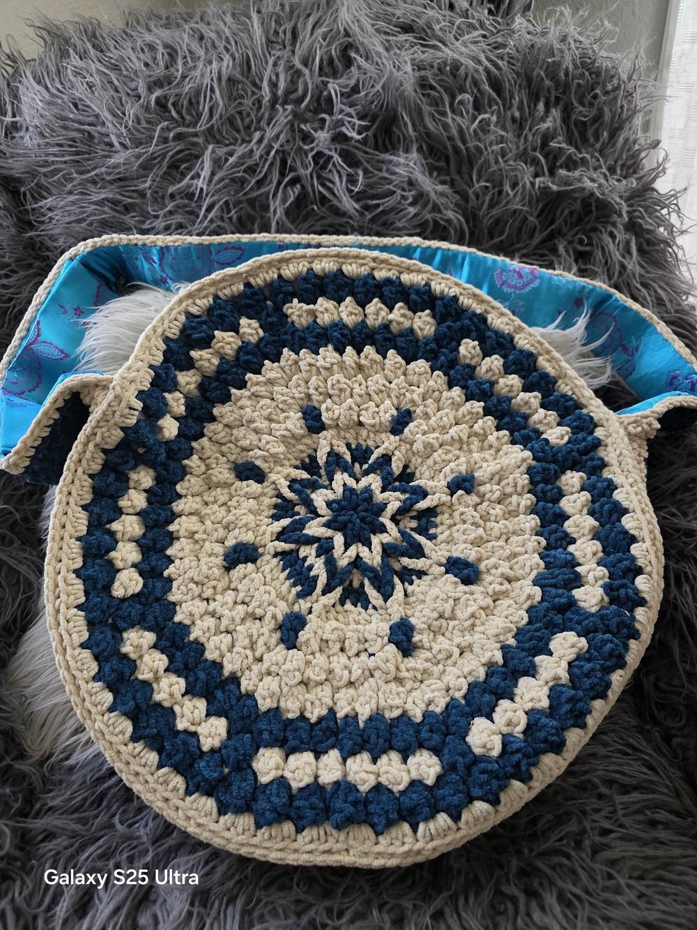 Handmade Round Crochet Tote Bag in Cream and Teal